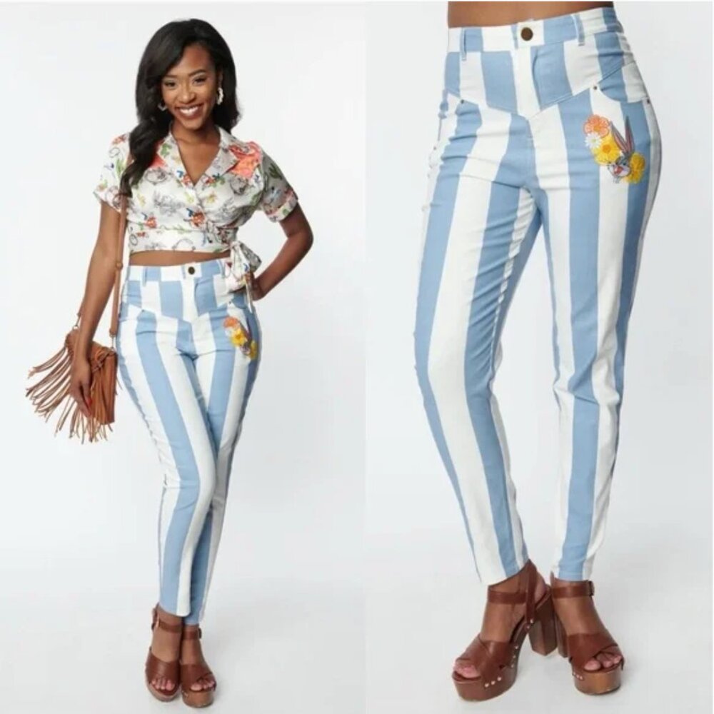 NWT Womens 1X Unique Vintage Looney Tunes Blue & White‎ Striped Pants Bugs Bunny